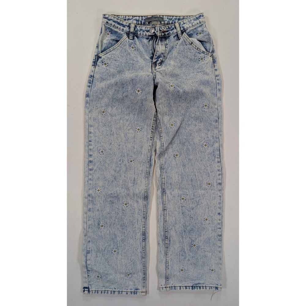 Cali 1850 Womens Acid Wash Daisy Embroidered Straight Leg Jeans Blue Size 5/27 - Picture 1 of 11